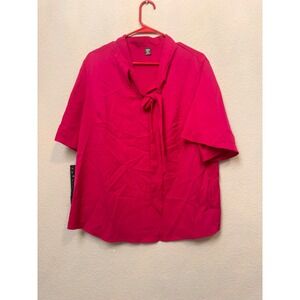 Loness Curve Womens 0XL Tie Neck‎ Short Sleeve Blouse Pink Top